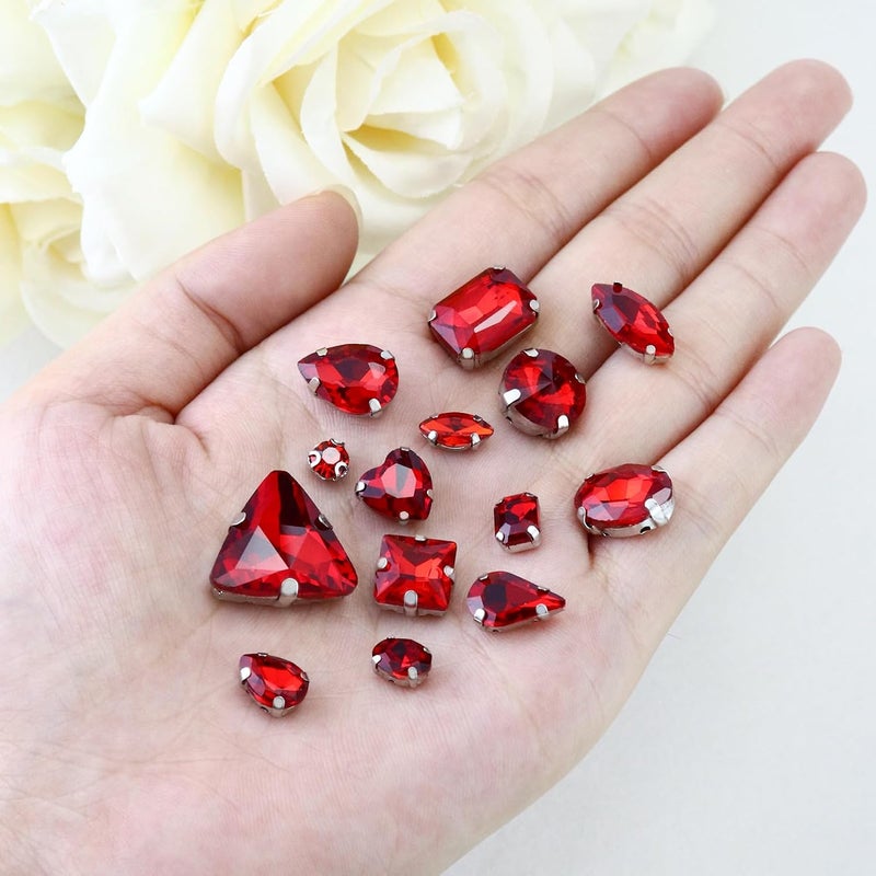 Dowarm Sew on Rhinestones 104 PCS Mixed Shapes Glass Sew on Crystals for Crafts Metal Flatback Claw Gemstones for Jewelry Making Costumes Clothes Garment, Red - Image 2